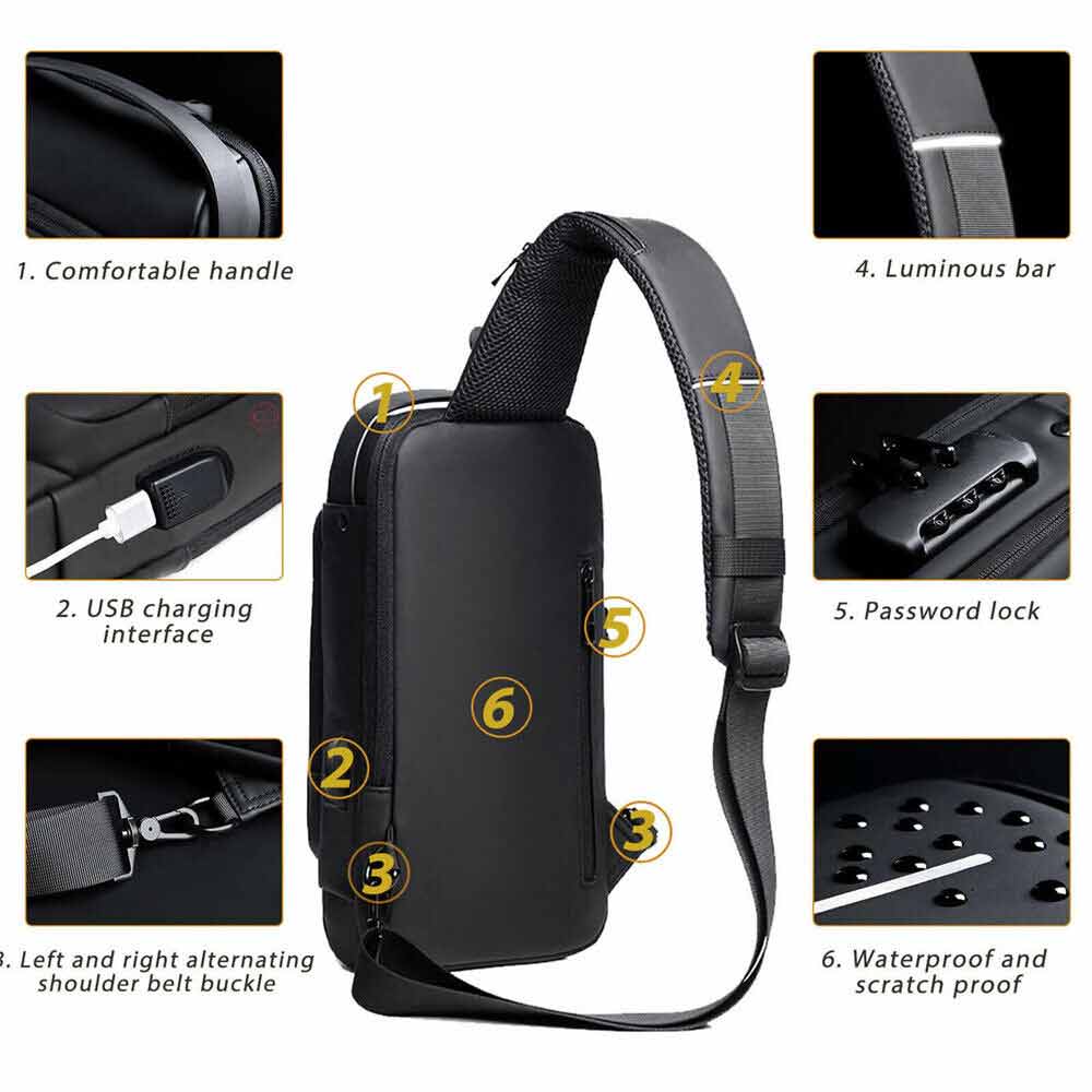 Men Sling Crossbody Bag Anti-theft Chest Shoulder Messenger Backpack USB Port