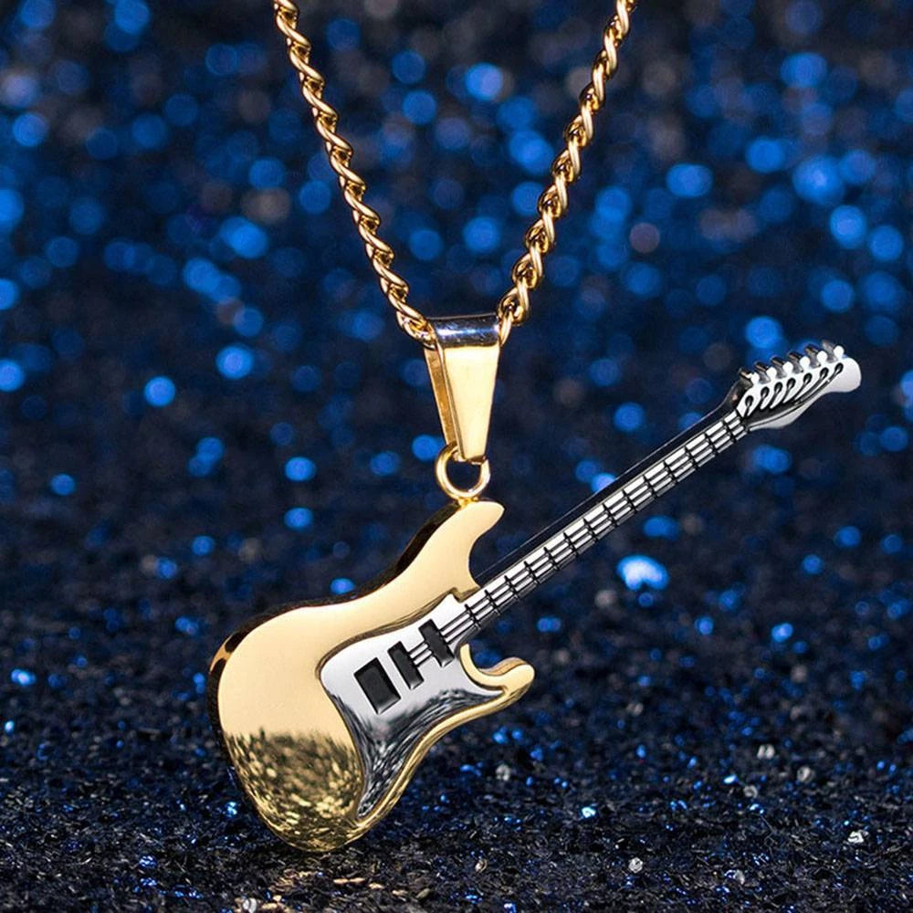 3-Piece Stainless Steel Music Guitar Pendant Necklace Set | Rock Style Unisex Jewelry Gift