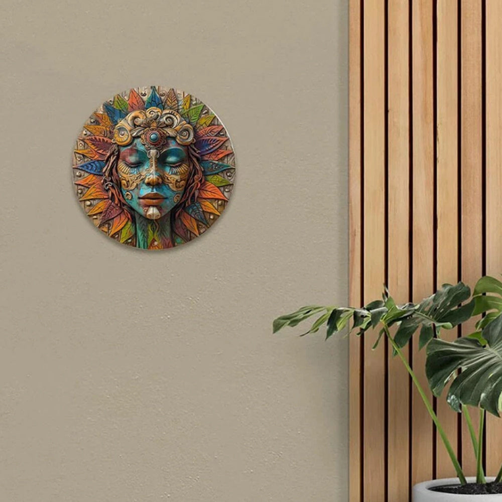 Circular Wooden Wall Art - Garden Decor, Boho Wall Hanging, Nature Goddess Design, 20cm
