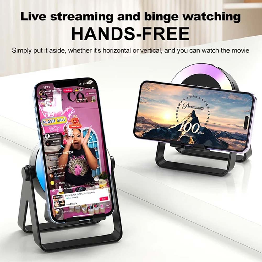 4-in-1 Wireless Induction Bluetooth Speaker - Rechargeable Phone Stand with Light