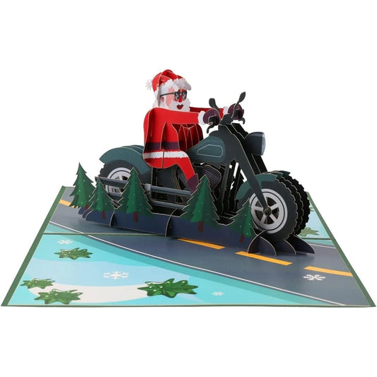 3D Pop-Up Christmas Card - Santa Claus on Motorbike Holiday Greeting Card