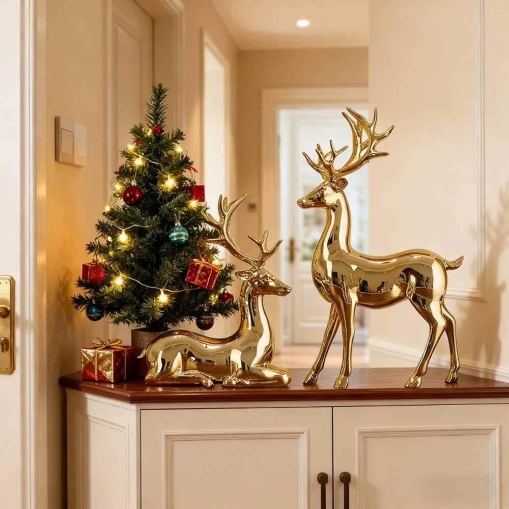 2Pcs Gold Reindeer Statues - Christmas Table Figurines & Holiday Centerpieces