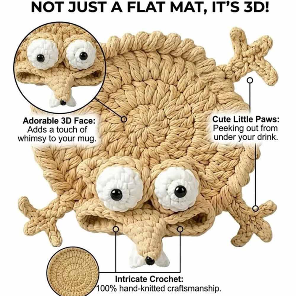 Handmade Crochet 3D Animal Coaster – Cute Knitted Mug Rug, Round Drink Cup Mat