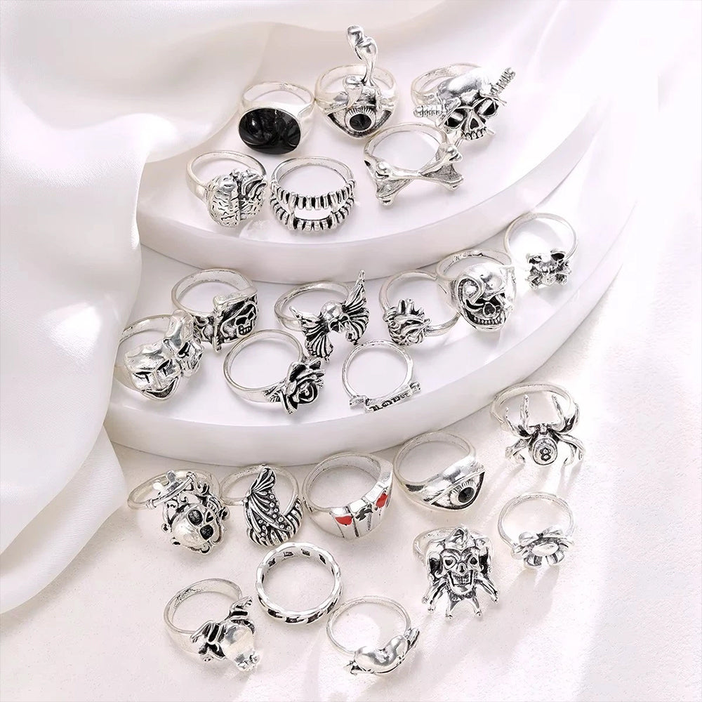 24PCS Gothic Ring Set – Punk Skeleton Skull Rings for Men & Women, Unisex