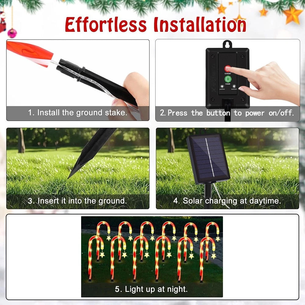 5-in-1 Solar Powered Red Candy Cane LED Lights Outdoor Christmas Pathway Decoration