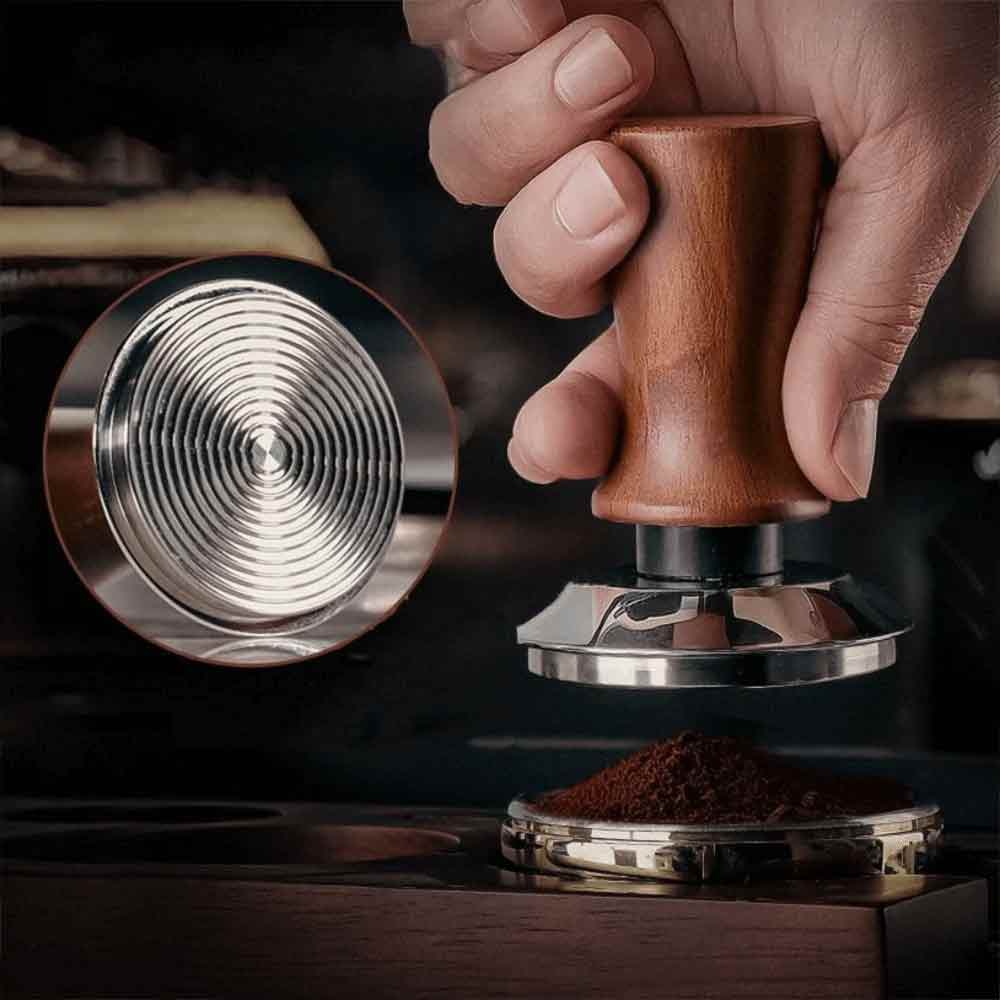 53mm Threaded Base Beech Wood Coffee Tamper – Internal Spring Balanced Force Coffee Hammer