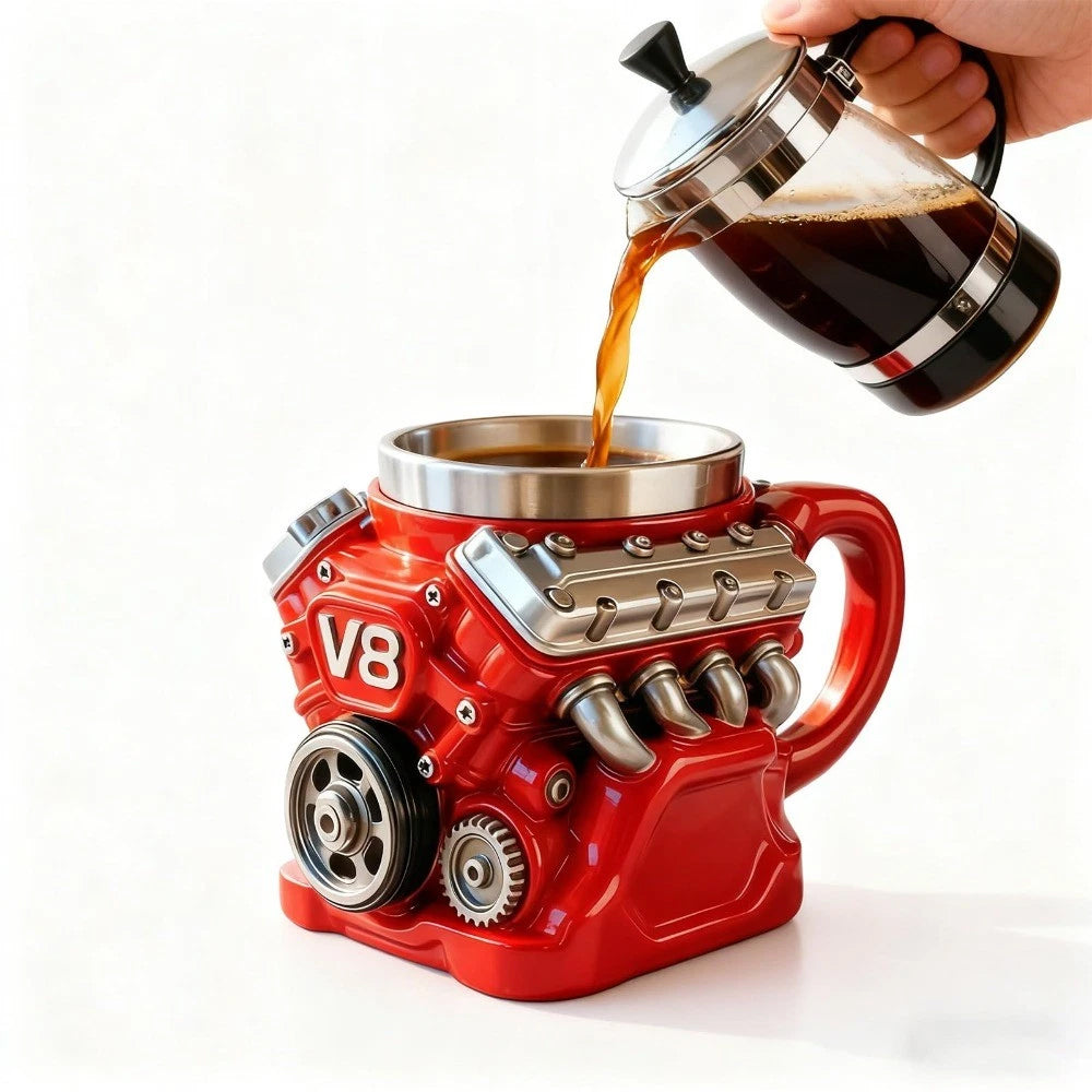Retro Engine Design Stainless Steel Insulated Mug Double Wall Car-Themed Coffee Cup for Men & Boys,Unique Gift Idea