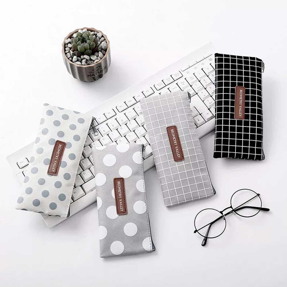 Grid Dots Canvas Pen Box Pencil Case Storage Bag Makeup Brush Pouch Stationery Gift