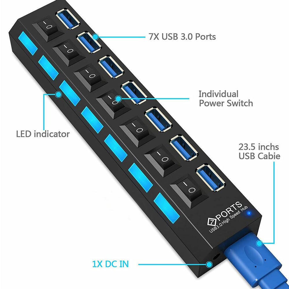 7 Port USB 3.0 HUB Powered +High Speed Splitter Extender PC AC Adapter Cable