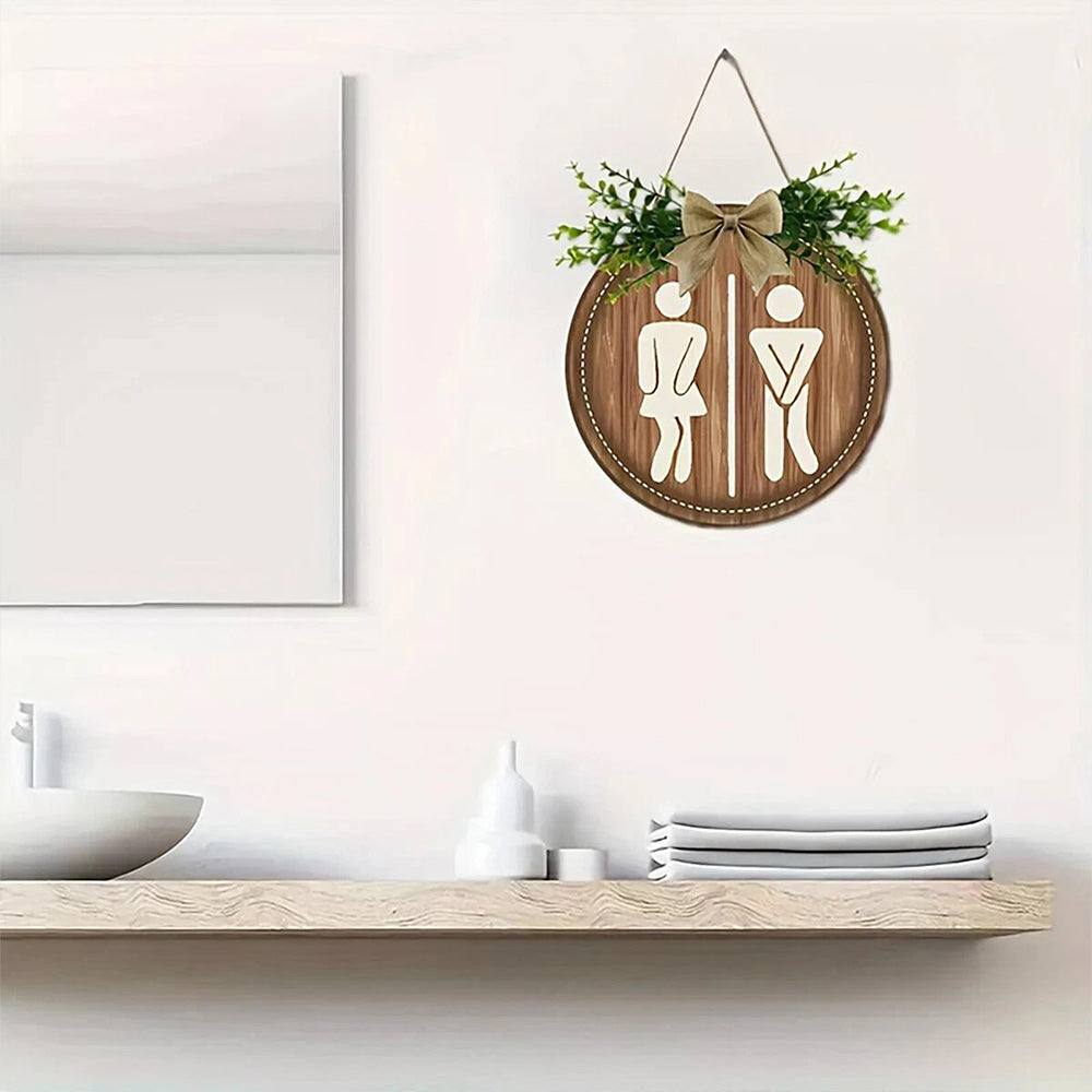 Bathroom Gender Sign – Rustic Wooden Round Hanging Toilet Door Plaque Decor 23CM
