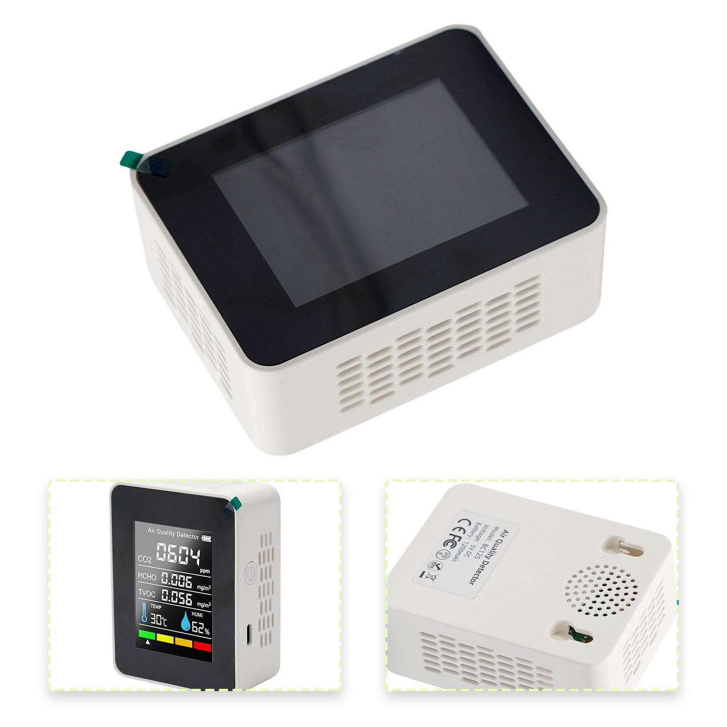 5-in-1 Air Quality Monitor – Portable CO2, HCHO, TVOC, Temp & Humidity Detector with USB-C Recharge
