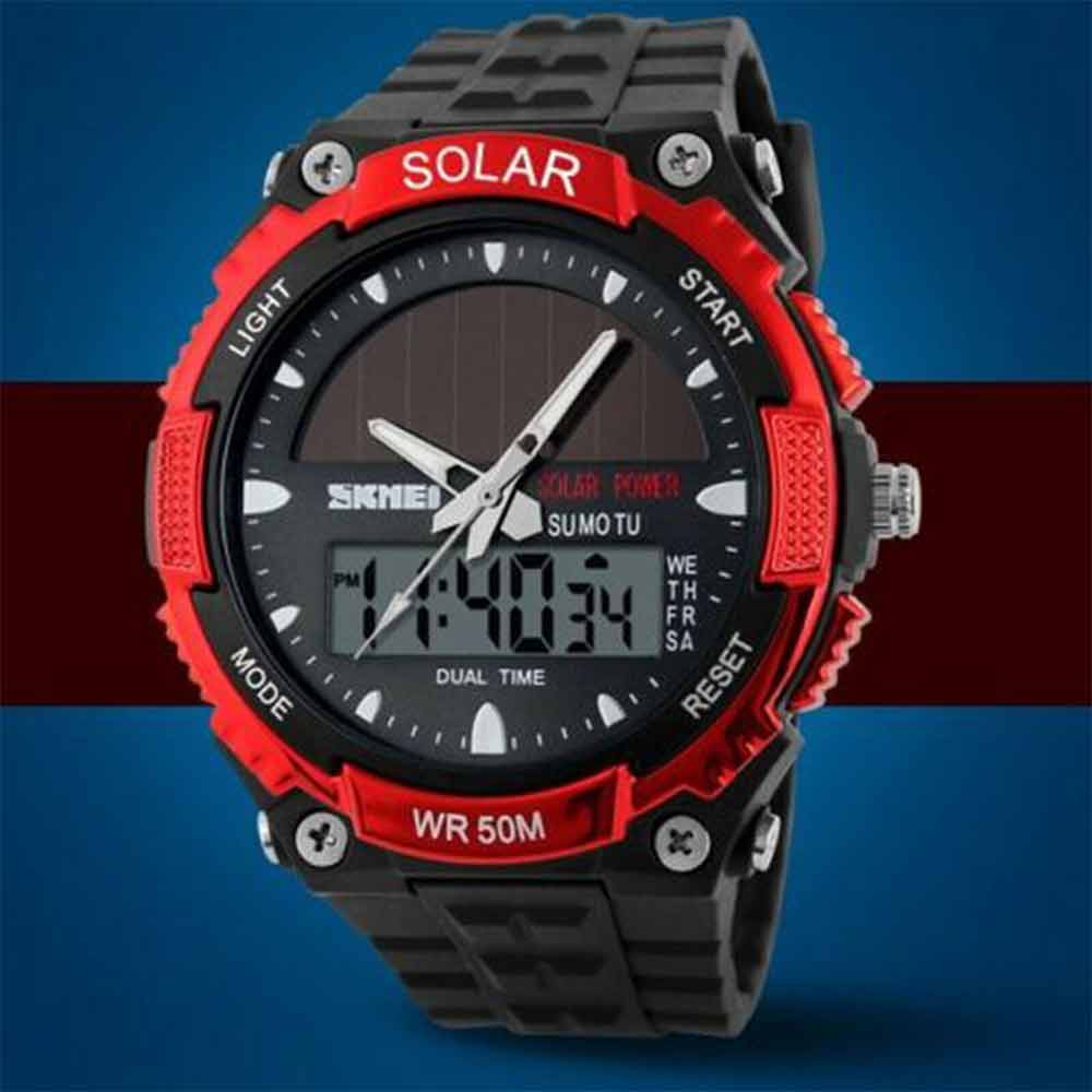 Men's Solar Power Sport Dual Time LED Digital Waterproof Analog Quartz Watch