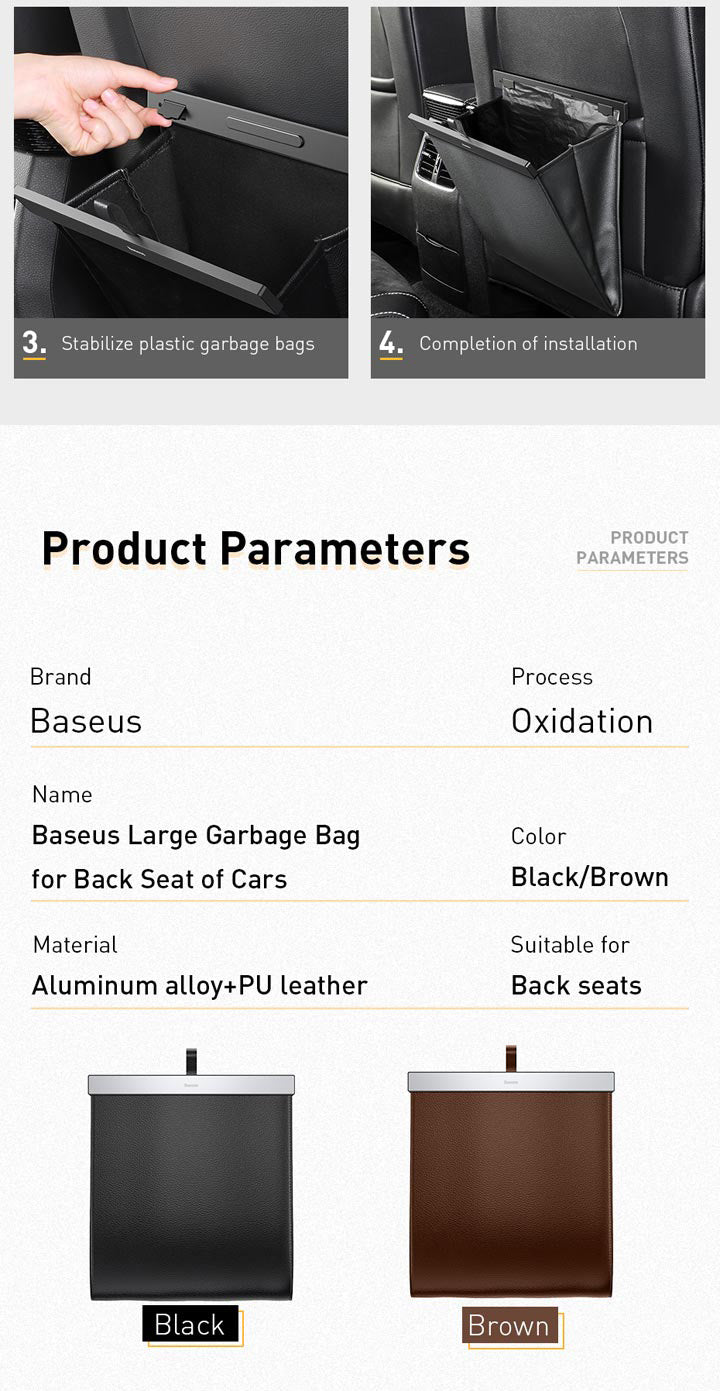 Baseus PU Leather Car Trash Bag - Waterproof, Leakproof Waste Basket with Magnetic Closure