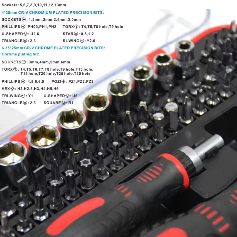 61-Piece Ratchet Screwdriver Set - 1/4" Hex Torx & Socket Kit with Right-Angle Handle