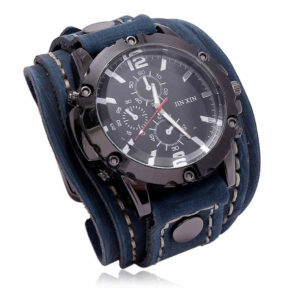 Men Punk Quartz Cuff Watch Wristwatch Military Retro PU-Leather Strap Watch