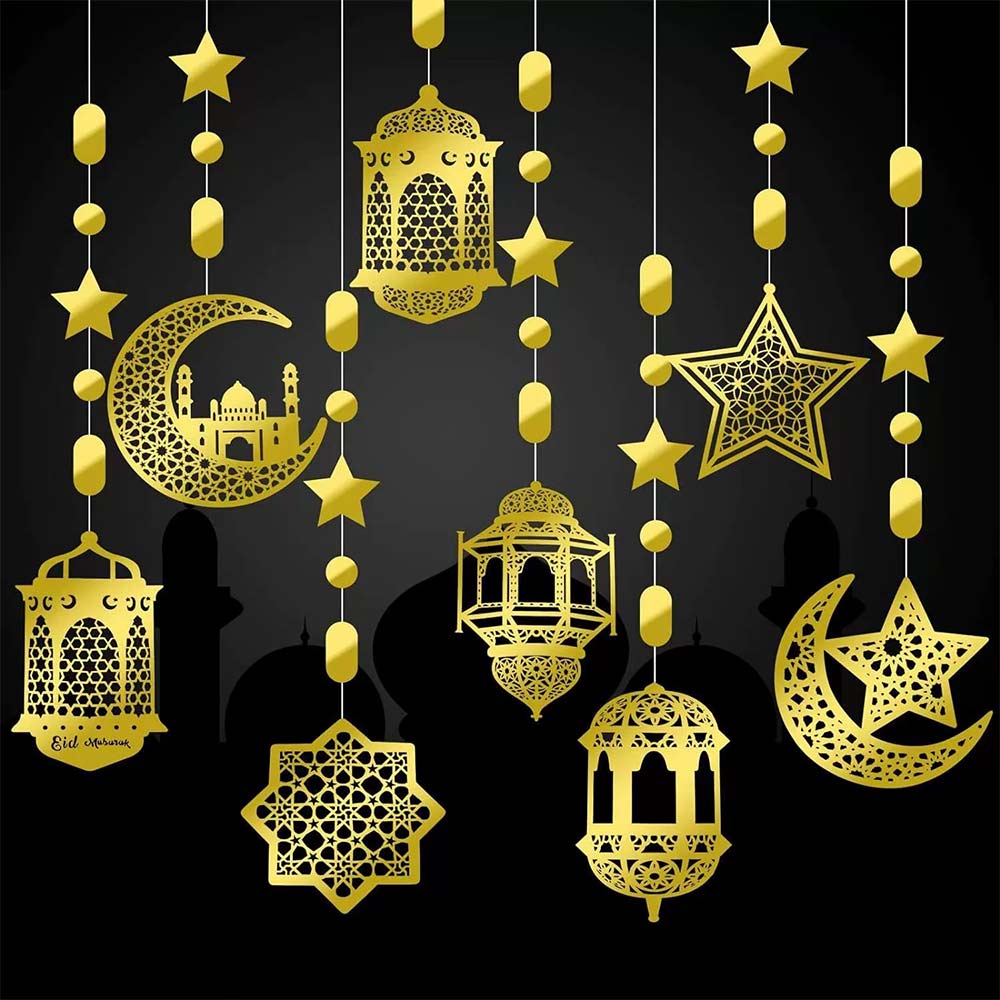 8x Eid Mubarak Hanging Pendant – Ramadan Muslim Party Decor Streamer Banner Set