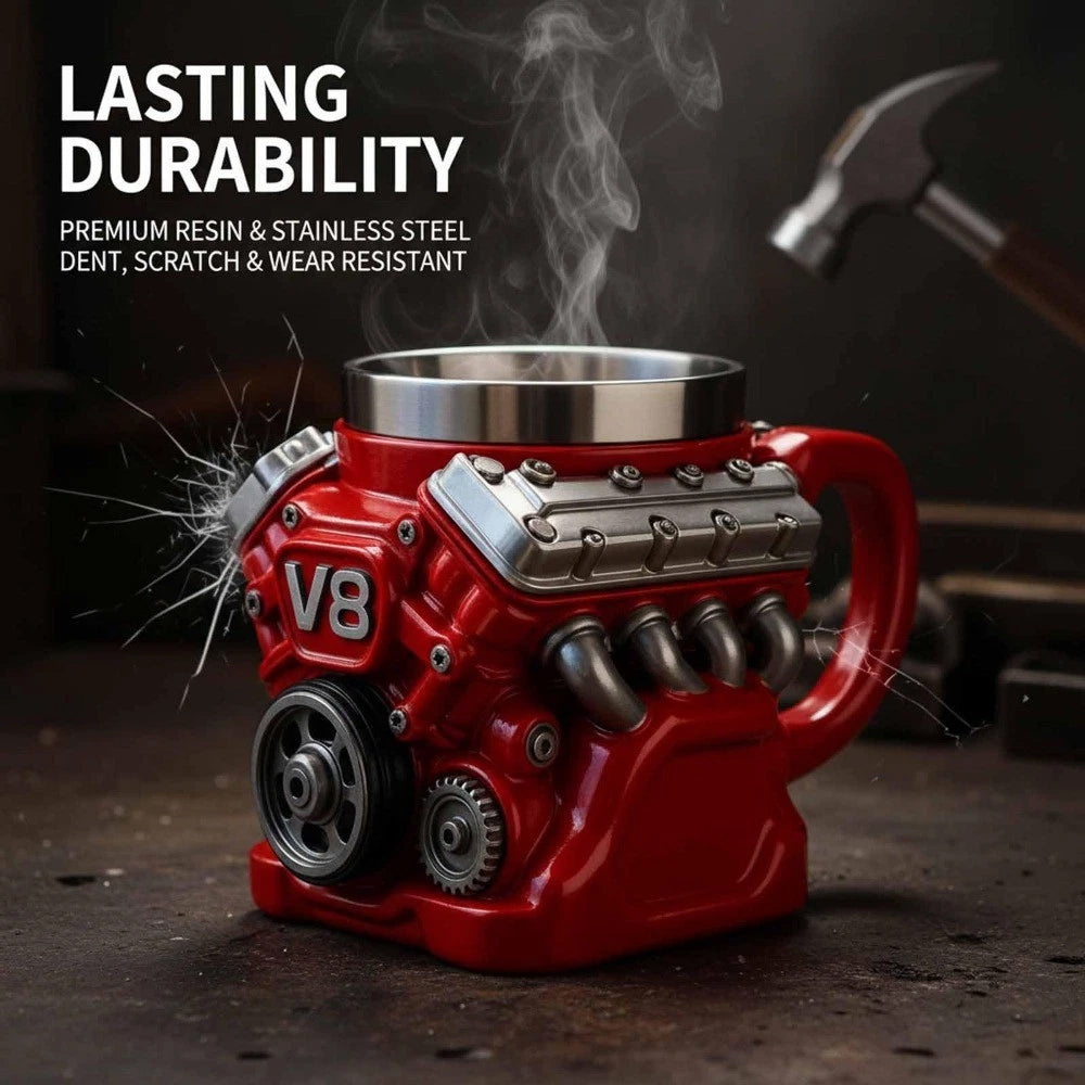 Retro Engine Design Stainless Steel Insulated Mug Double Wall Car-Themed Coffee Cup for Men & Boys,Unique Gift Idea