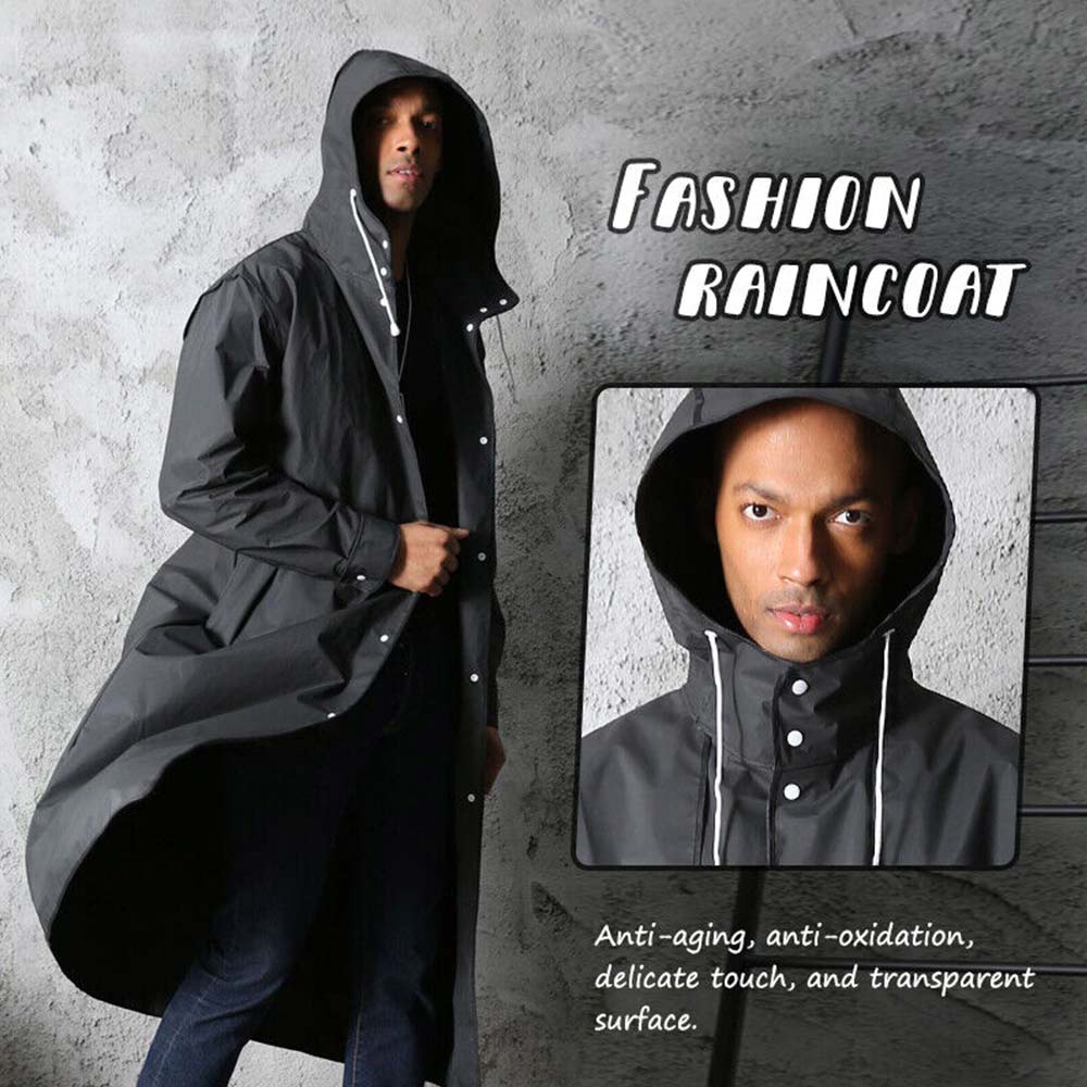 Mens Waterproof Long Raincoat Rain Coat Black Hooded Trench Jacket OutdoorHiking