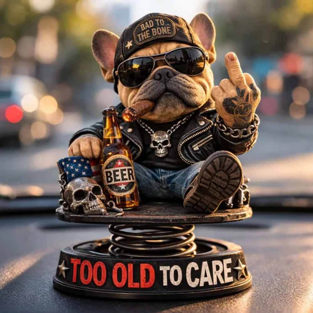 “Too Old To Care” Dashboard Bobblehead – Funny Resin Bulldog Nodding Head Dog