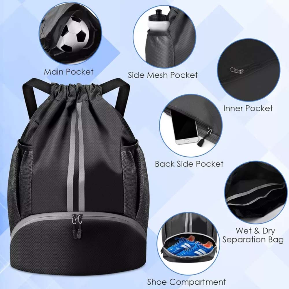 Waterproof PE Backpack Drawstring Sports Backpack Gym Bag with Shoe Compartment