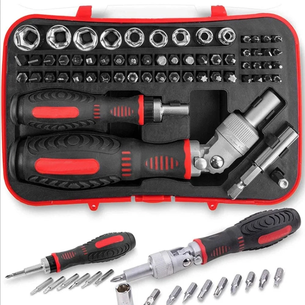 61-Piece Ratchet Screwdriver Set - 1/4" Hex Torx & Socket Kit with Right-Angle Handle