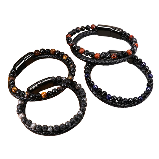 Me Natural Tiger Eye Stone Beads Bracelet Matte Black Onyx Leather Bracelet 23CM
