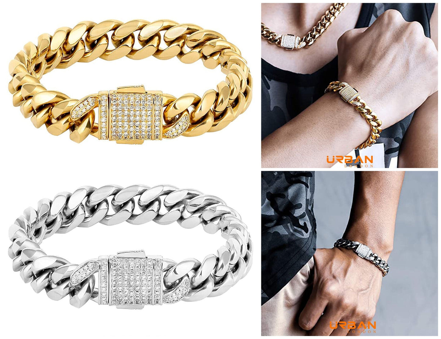 Men's Cuban Durable Urban Street-Wear Hip Hop Bracelet 12mm 18k Gold Silver Curb