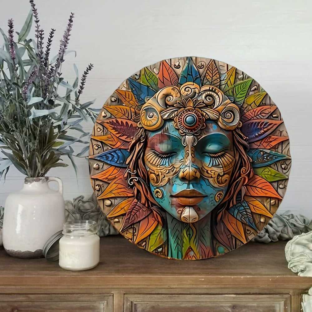 Circular Wooden Wall Art - Garden Decor, Boho Wall Hanging, Nature Goddess Design, 20cm