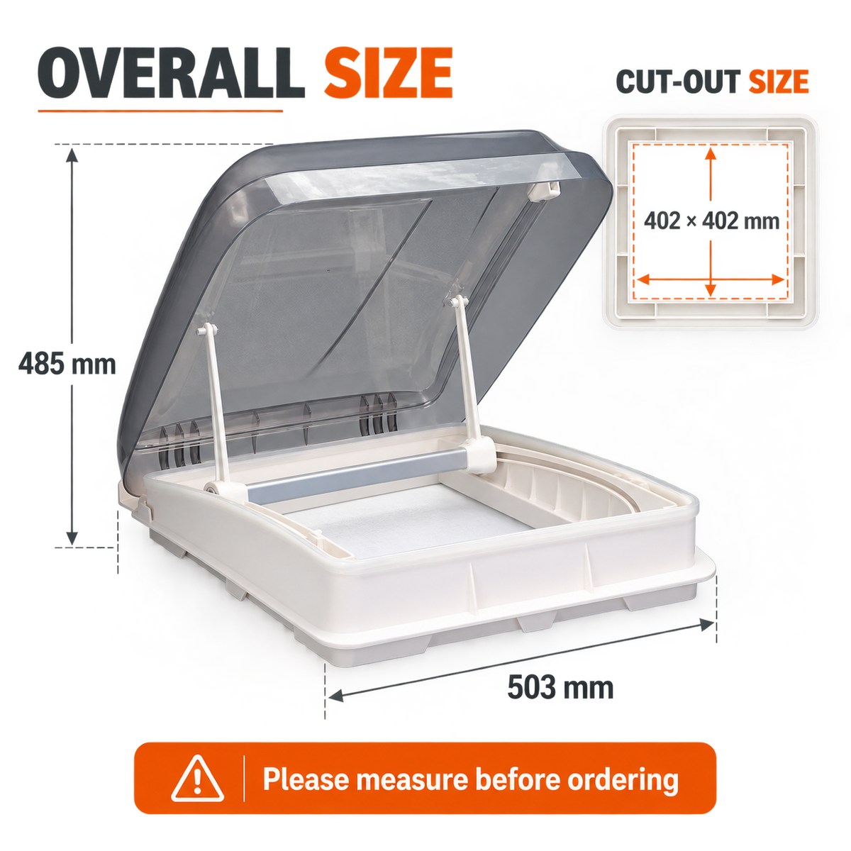 Caravan Roof Hatch 400 × 400mm – Skylight with Pleated Blind & LED Halo