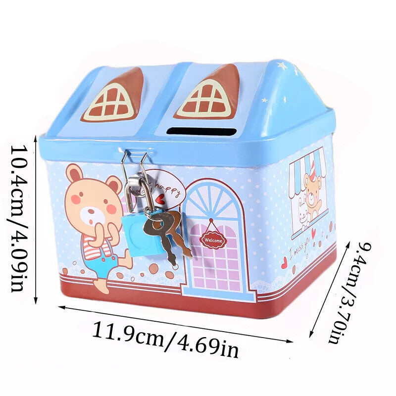 Boys Girls House Model Kids Money Piggy Bank Coin Saving Cash Tin Metal Box Unicorn