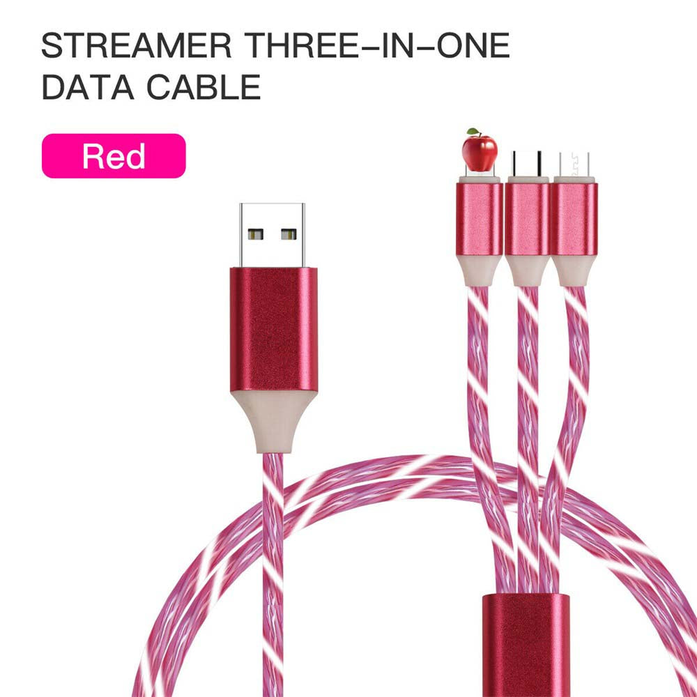 4PCS 1m LED Flowing Light Up 3 in 1 Charging Cable, Micro Type-C iPhone Cable