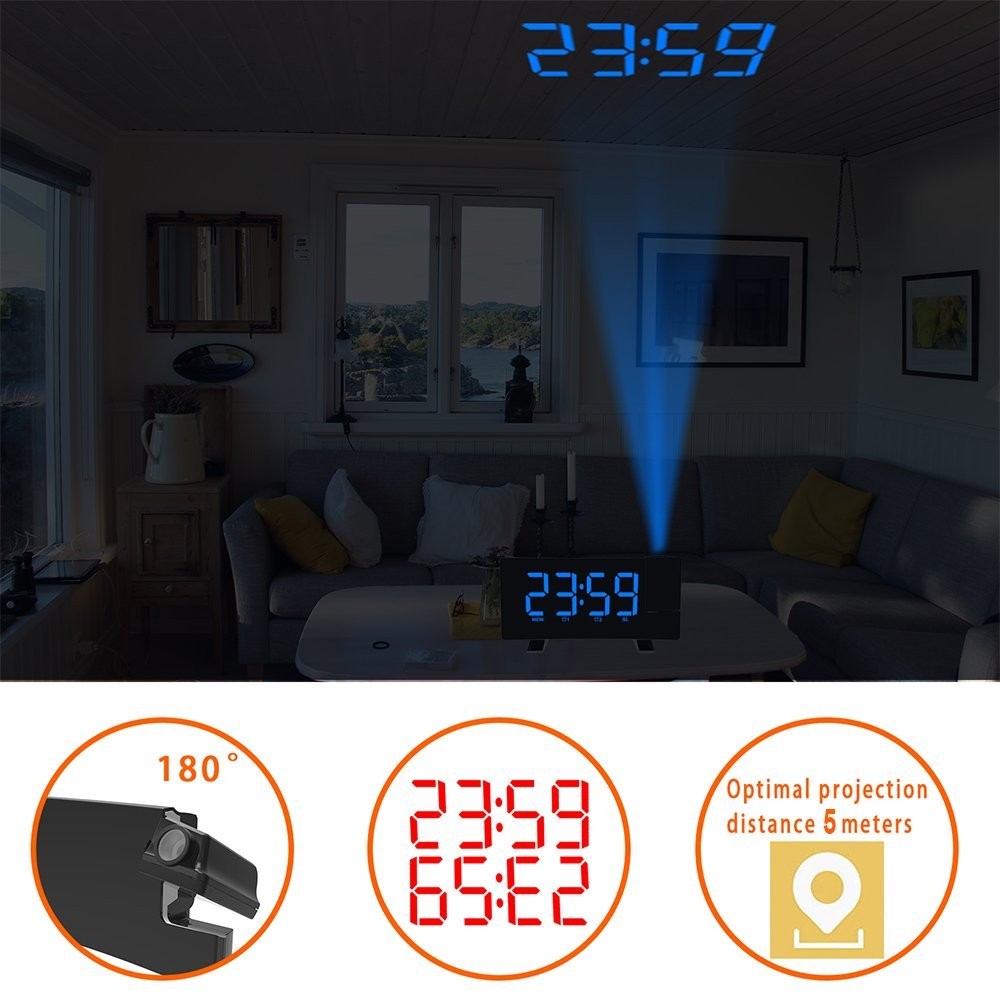 LED Digital Alarm Clock – Radio Projection Clock with Curved Screen & Dual Alarms