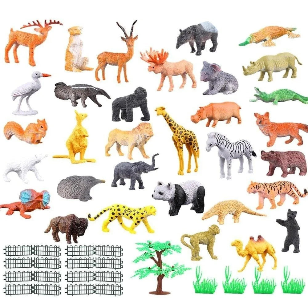 53pc Jungle Animal Figures Set - Mini Wild Zoo Toys with Fence & Trees