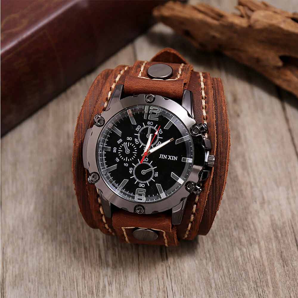Men Punk Quartz Cuff Watch Wristwatch Military Retro PU-Leather Strap Watch