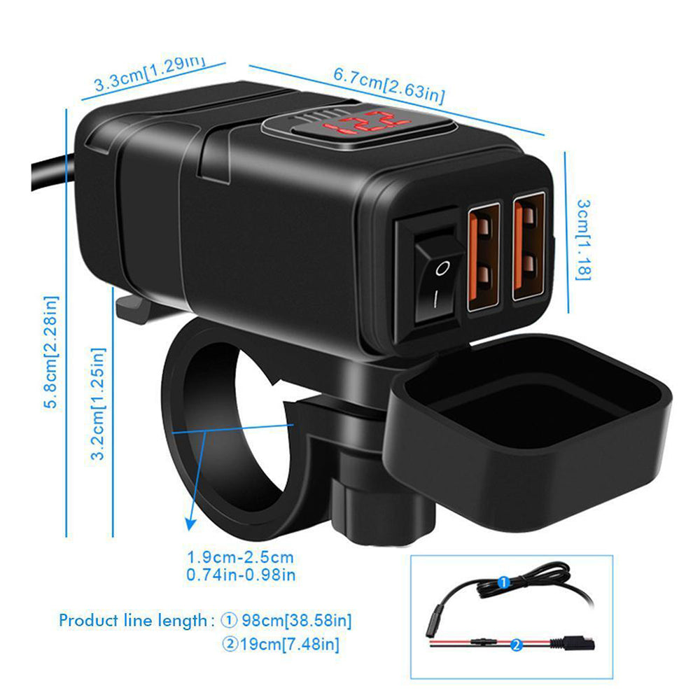 Dual USB Port Motorcycle Fast Charger Socket LED Voltmeter Display ON/OFF Switch