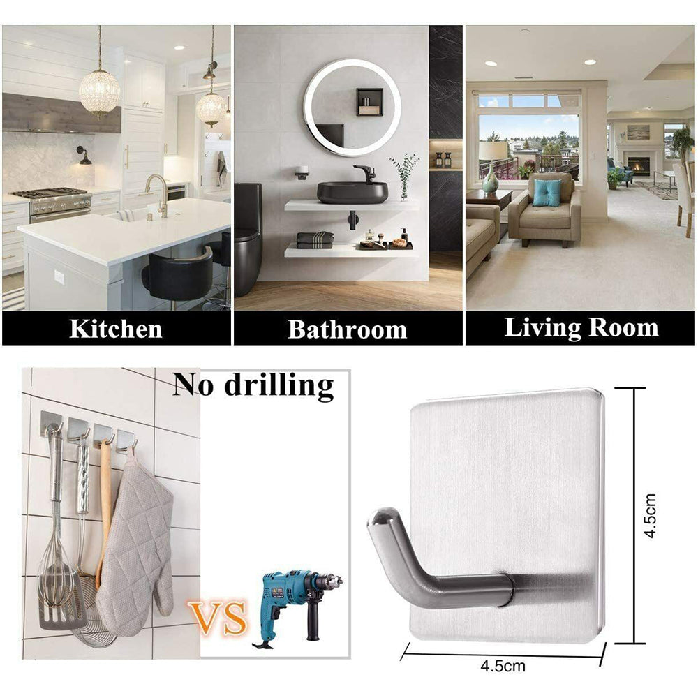 4PCS Self Adhesive Hooks 3M Adhesive Wall Hanger Waterproof Heavy Duty, Silver