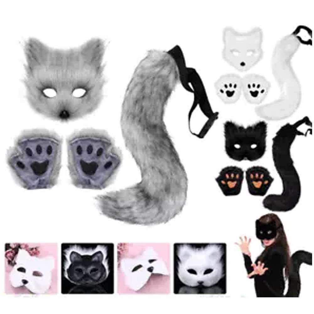 Furry Cat Fox Mask Christmas Party Cat Fox Cosplay Costume Mask Tail Paws Set