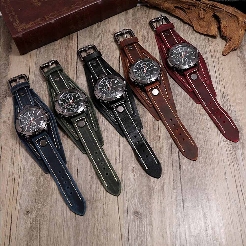 Men Punk Quartz Cuff Watch Wristwatch Military Retro PU-Leather Strap Watch