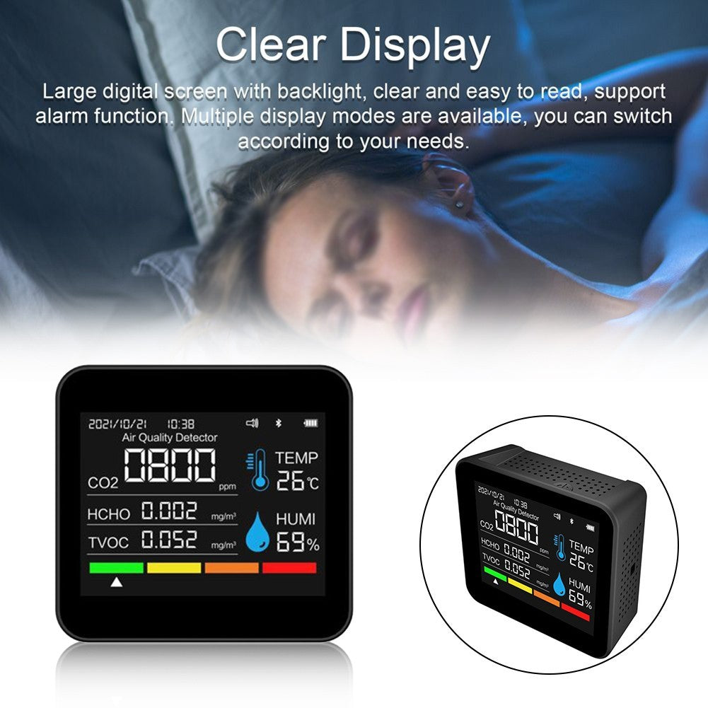 5-in-1 Air Quality Monitor – Portable CO2, HCHO, TVOC, Temp & Humidity Detector with USB-C Recharge