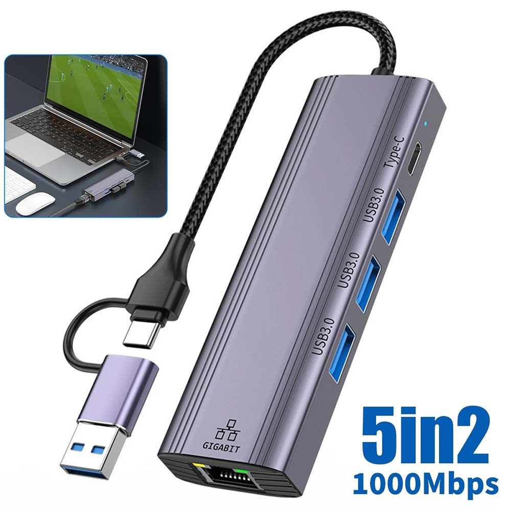 5-in-1 USB C to Gigabit Ethernet Adapter - 1000Mbps RJ45 LAN with 3 USB 3.0 Ports