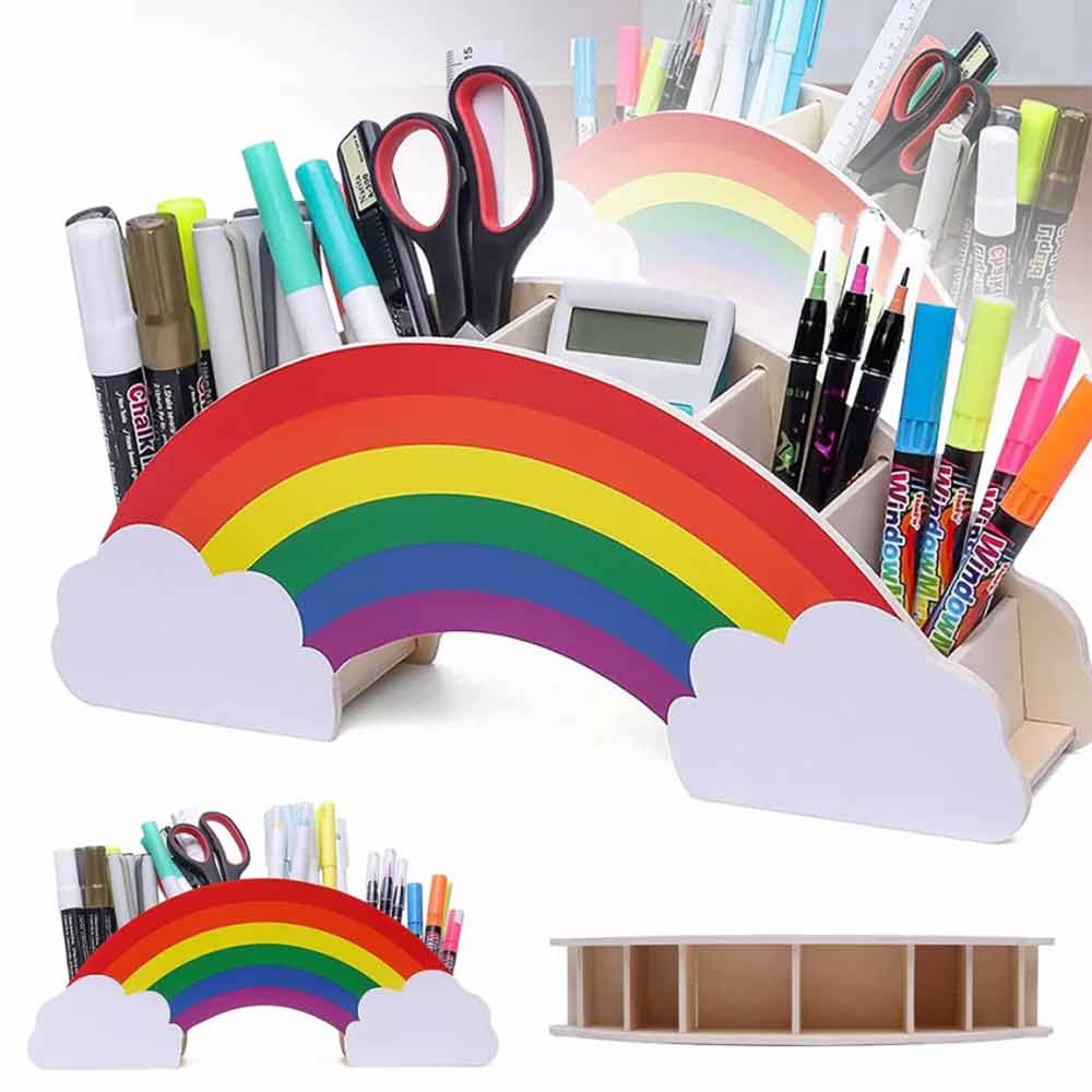Rainbow Wooden Pen Holder DIY Pencil Container Storage Box Phone Desk Organizer