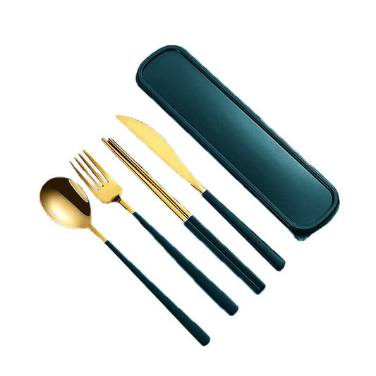 Cutlery Set Stainless Steel Spoon Fork Knife Chopsticks Travel Box Bag