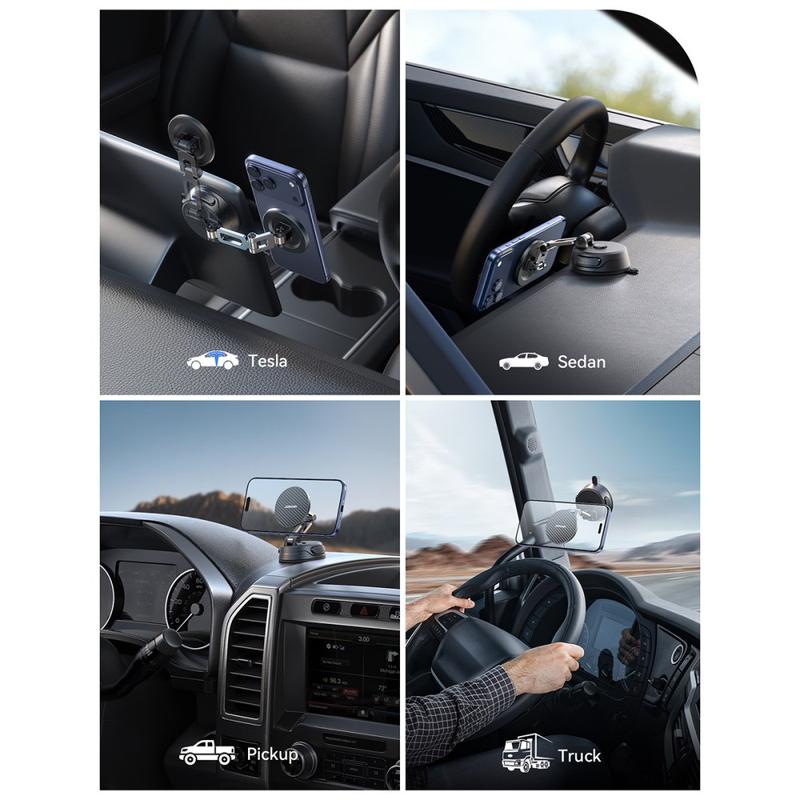Foldable Magnetic Car Phone Holder with Suction Cup Base, Strong Magnet Stable Mount for Dashboard & Windshield – Black
