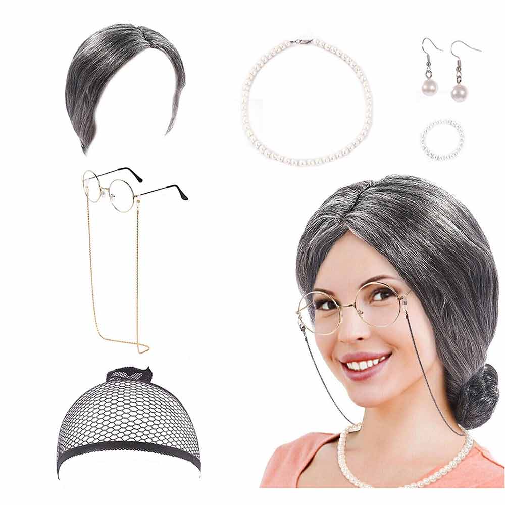 7 Pcs Grandma Old Lady Costume Set Granny Wig Adult Kids The 100Days Of School
