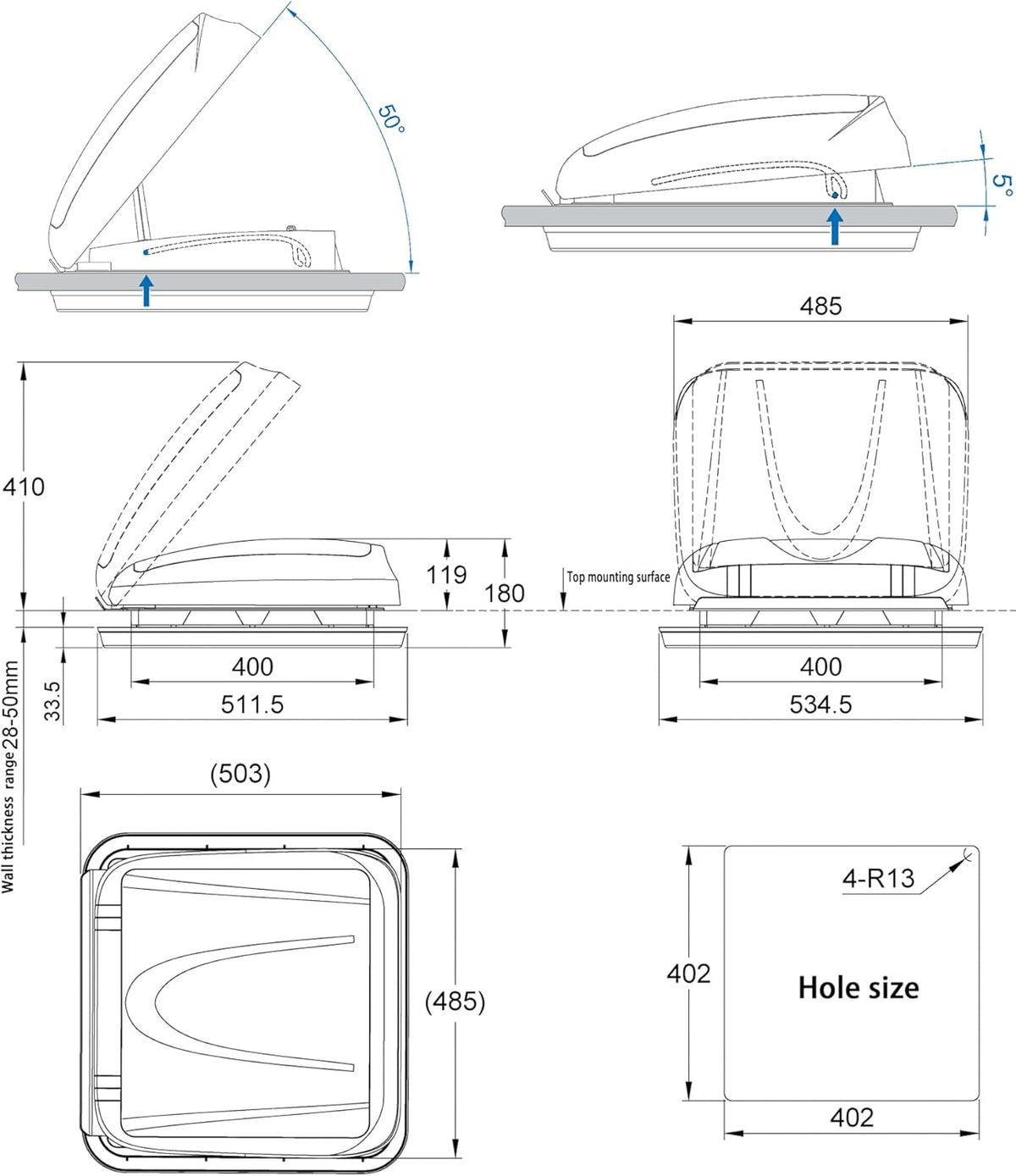 Caravan Roof Hatch 400 × 400mm – Skylight with Pleated Blind & LED Halo