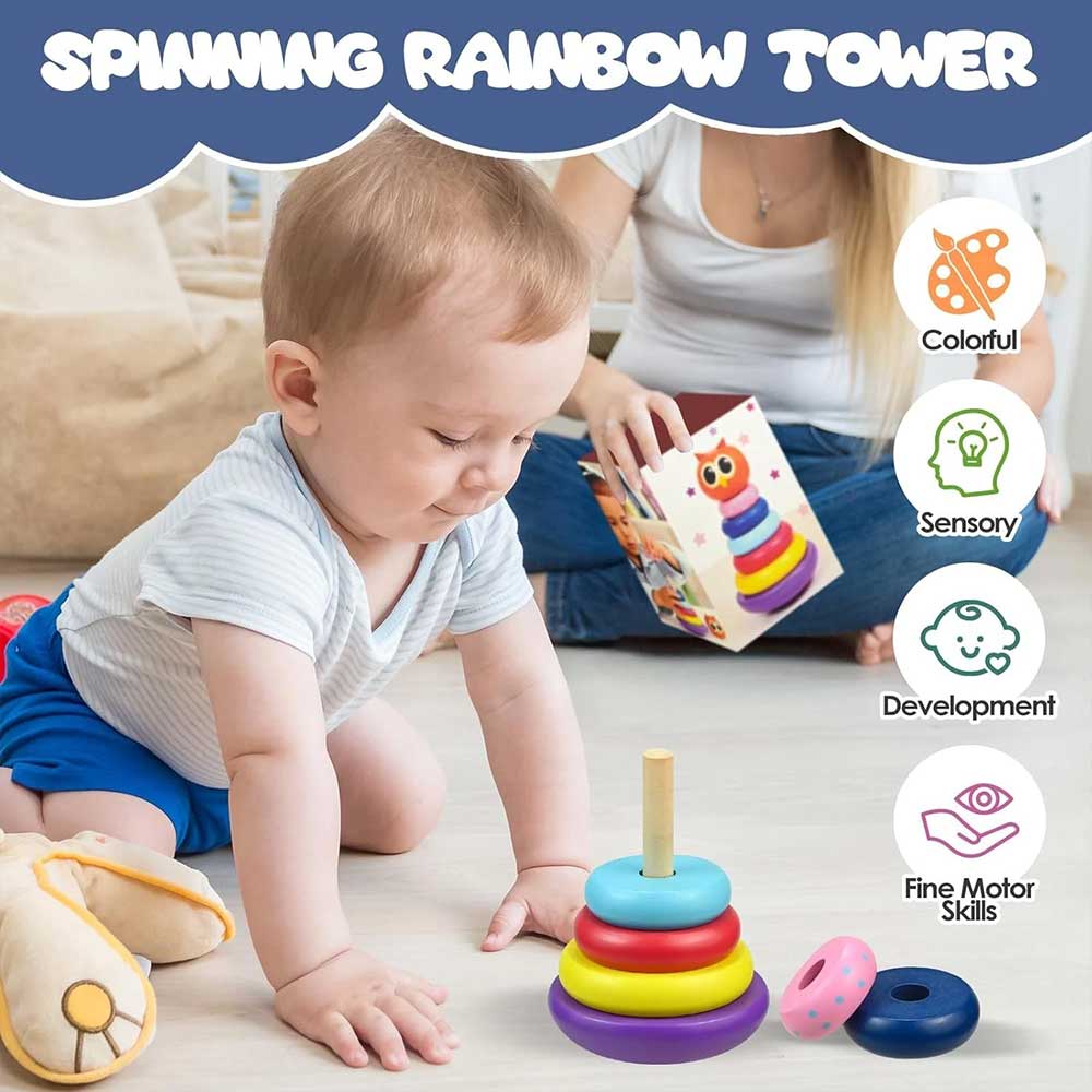 Owl Tumbler Stacking Toy Wooden Rainbow Spinning Rings Tower