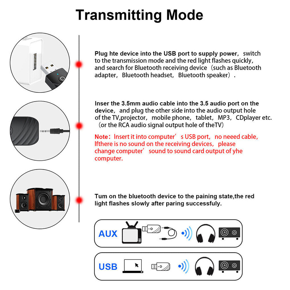 Wireless Bluetooth5.0 Adapter AUX Audio Stereo Receiver Music Speaker Transmitter