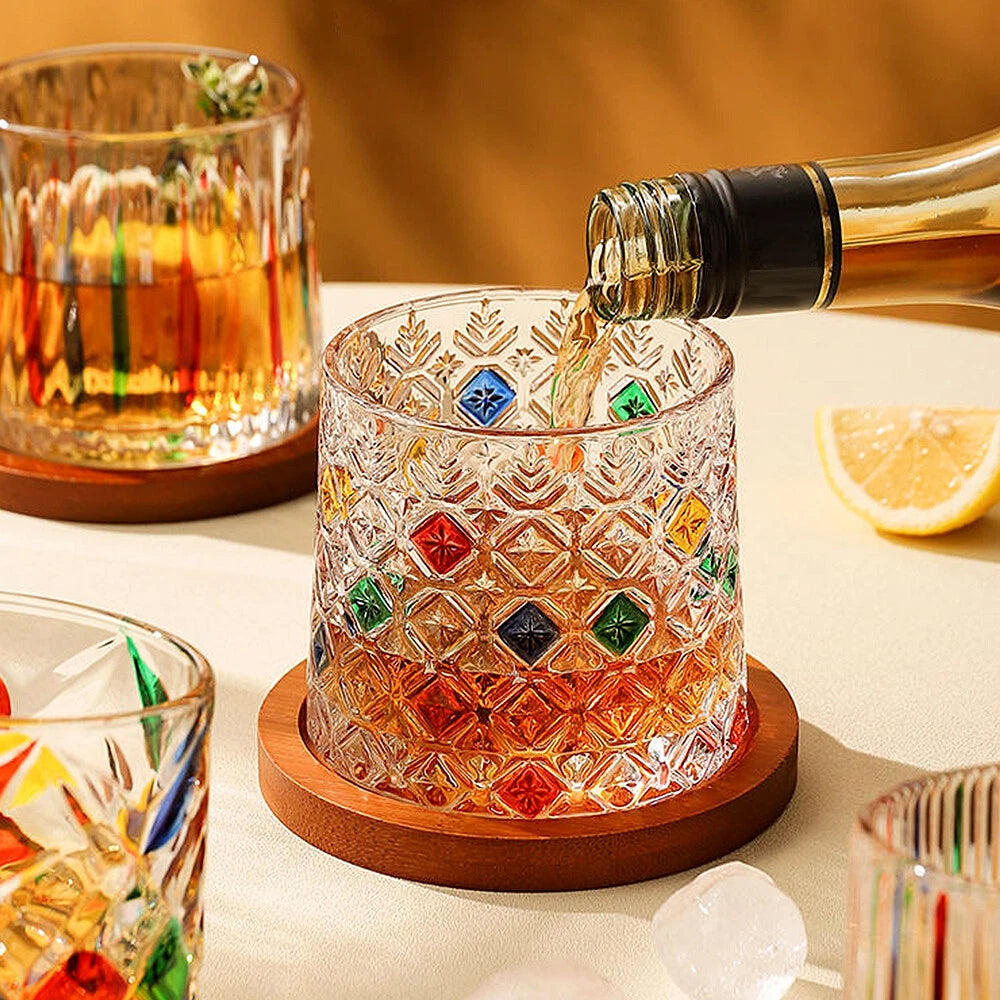Crystal Whiskey Glass Set - Colored Snowflake Glass Holder Gift for Bourbon & Cocktail