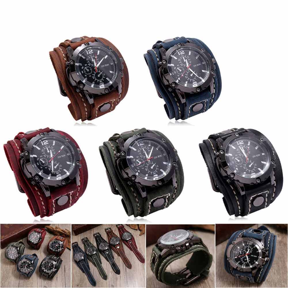 Men Punk Quartz Cuff Watch Wristwatch Military Retro PU-Leather Strap Watch