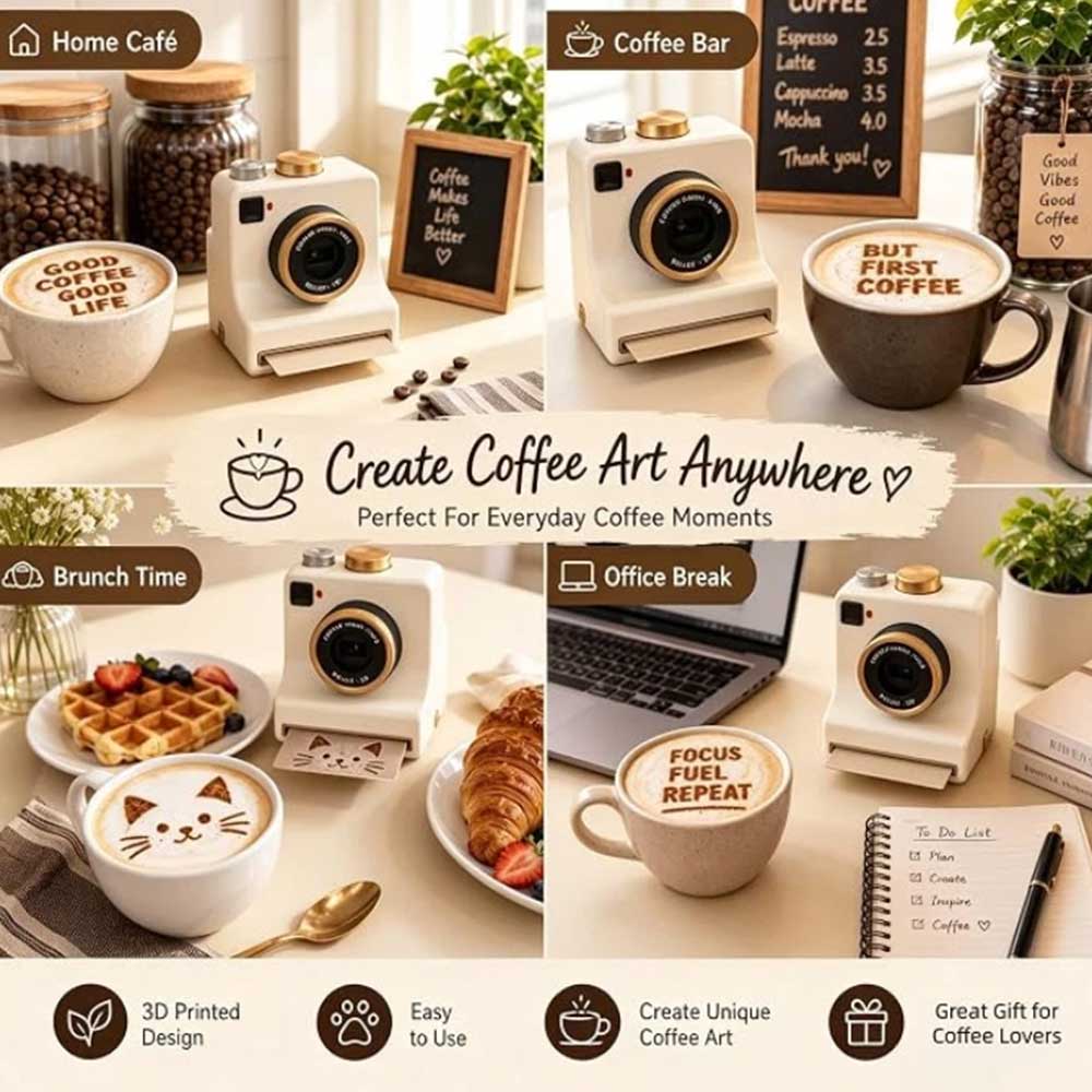 Latte Art Powder Printer – 3D Printed Coffee Stencil Dispenser with 4 Cards